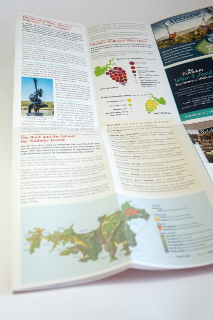 Waiheke Island of Wine, brochure details with maps and graphics