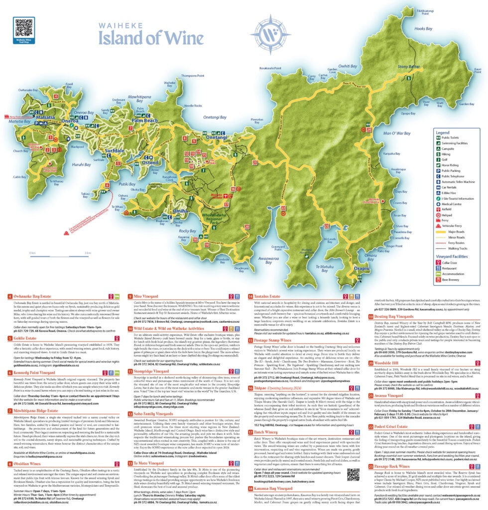Visitors' map of Waiheke Island referencing vineyards with details on each